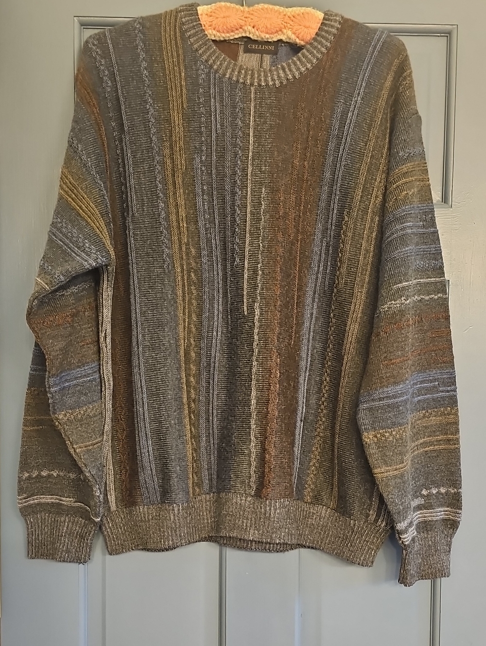 Wool Sweater Vintage 80s Cellinni Crewneck Abstract Cable Knit Men
